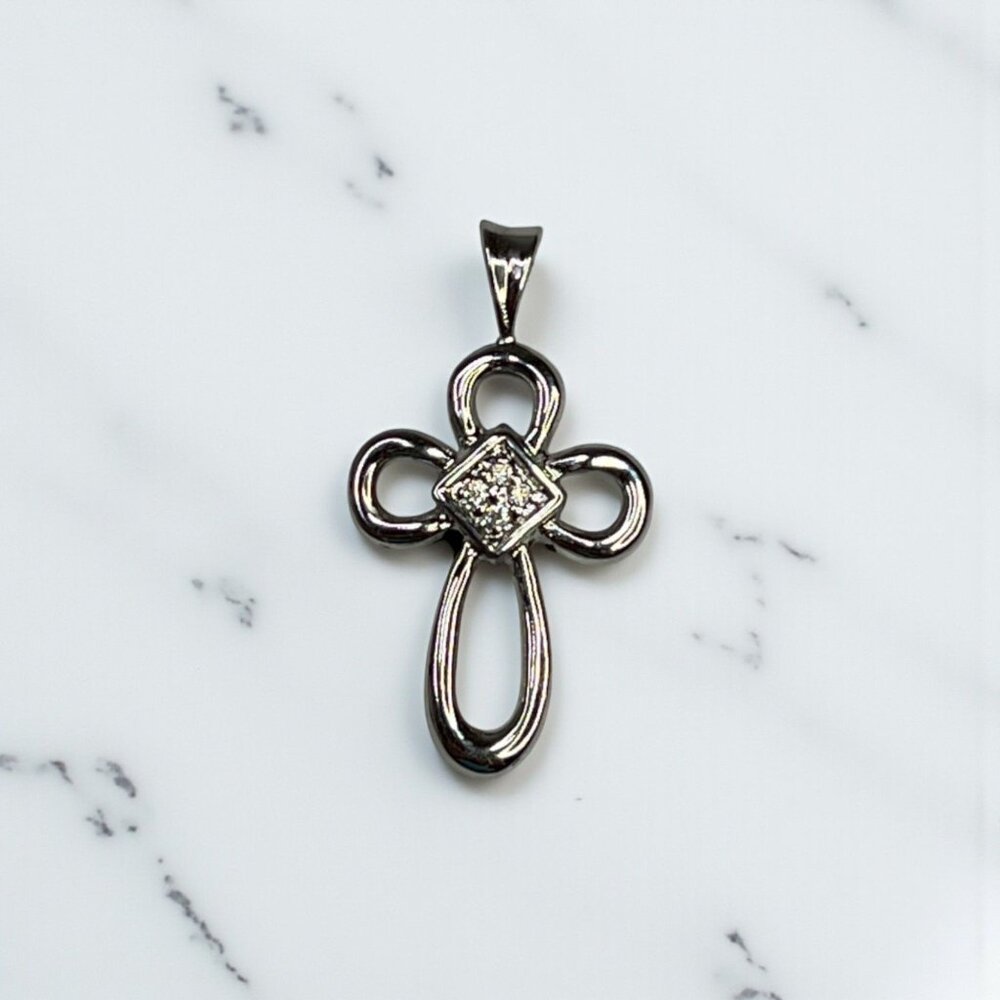 Small Cross Silver-Tone Pendant With Cubic Zirconia Accents - Picture 1 of 9